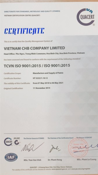 Chứng nhận ISO 9001:2015 - Sơn DURGO - Công Ty TNHH CHB Việt Nam